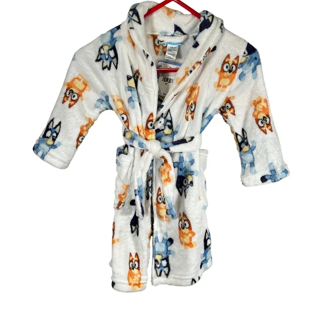 Bluey Bingo Kids Fleece Bathrobe White Blue Orange Size 4T Brand New Bath Time